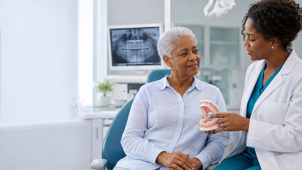 Dentist discussing osteoporosis and oral health with an older patient